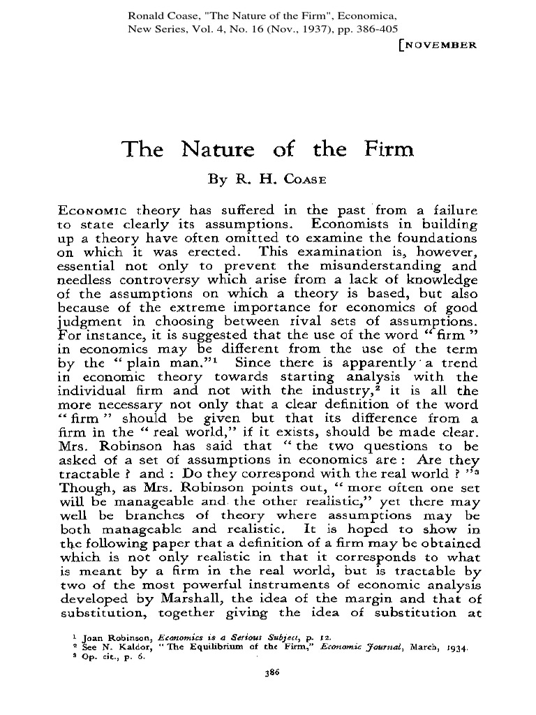 First page of The Nature of the Firm by Ronald Coase