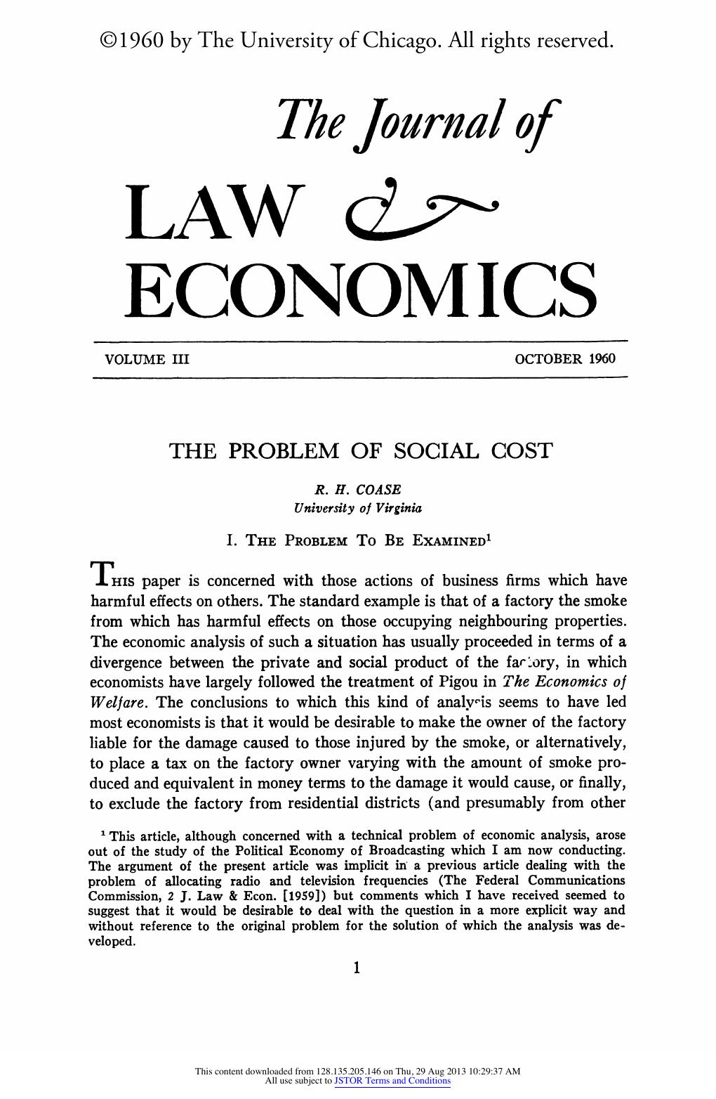 First page of The Problem of Social Cost by Ronald Coase