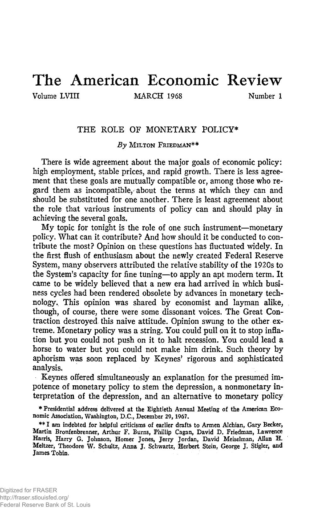 First page of The Role of Monetary Policy by Milton Friedman