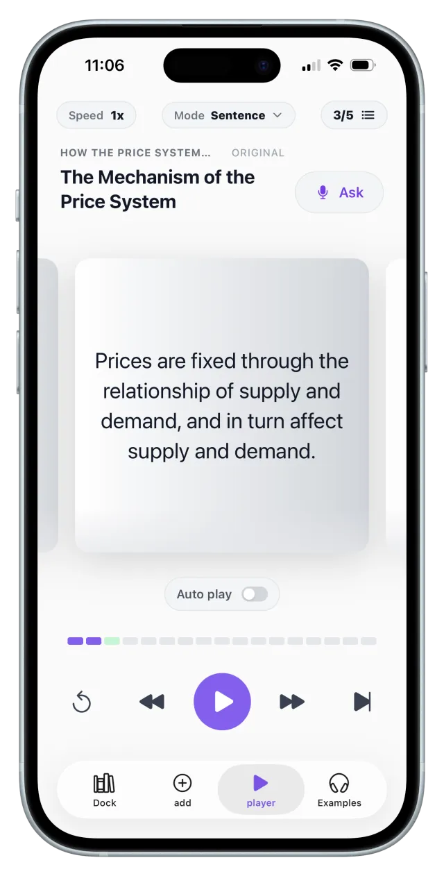 ListenDock sentence by sentence mode on iPhone, screenshot 2