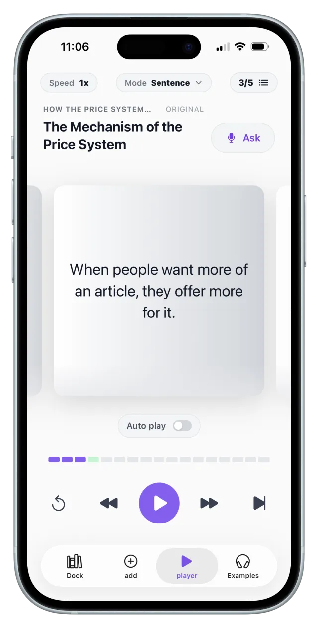 ListenDock sentence by sentence mode on iPhone, screenshot 3