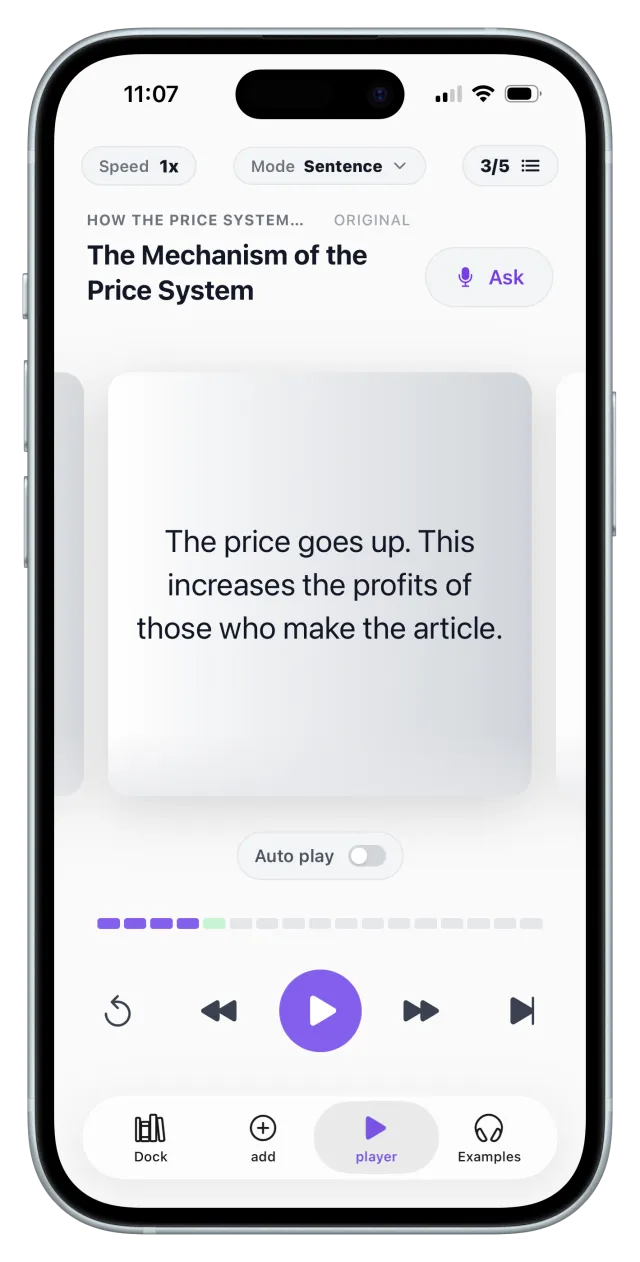 ListenDock sentence by sentence mode on iPhone, screenshot 4