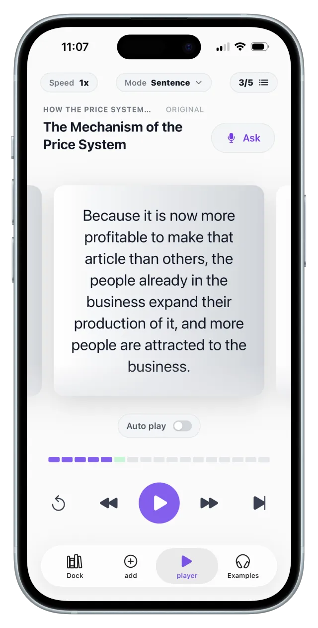 ListenDock sentence by sentence mode on iPhone, screenshot 5