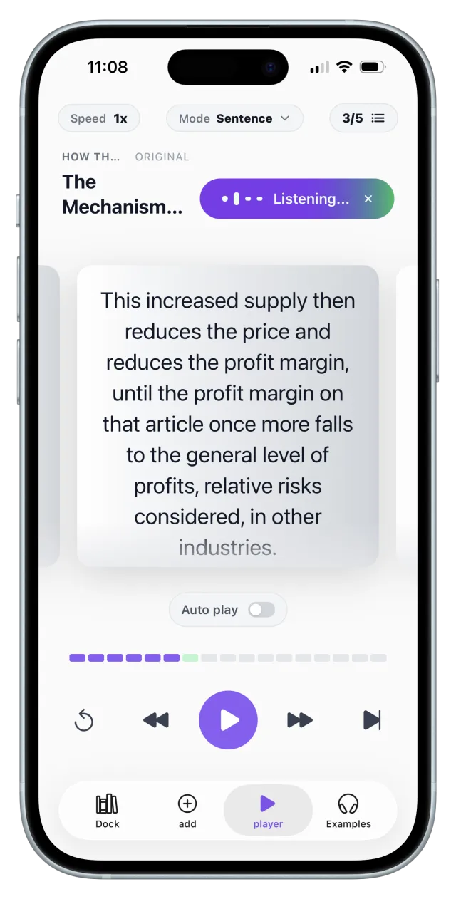 ListenDock sentence by sentence mode on iPhone, screenshot 6
