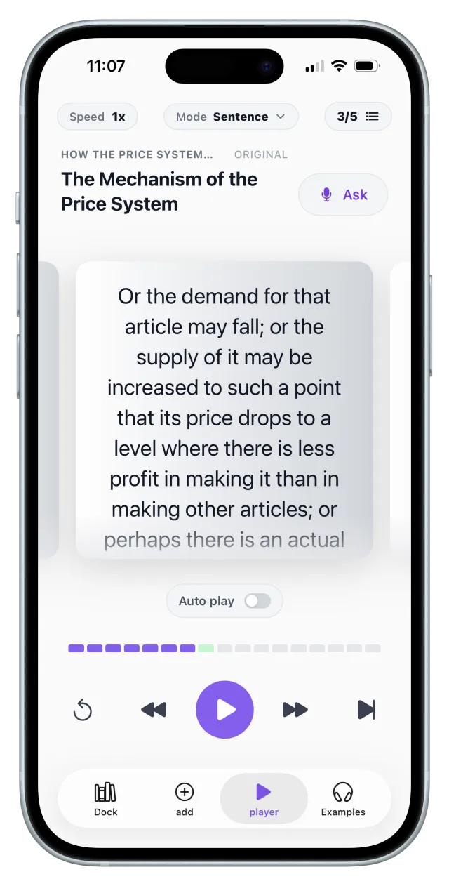 ListenDock sentence by sentence mode on iPhone, screenshot 7